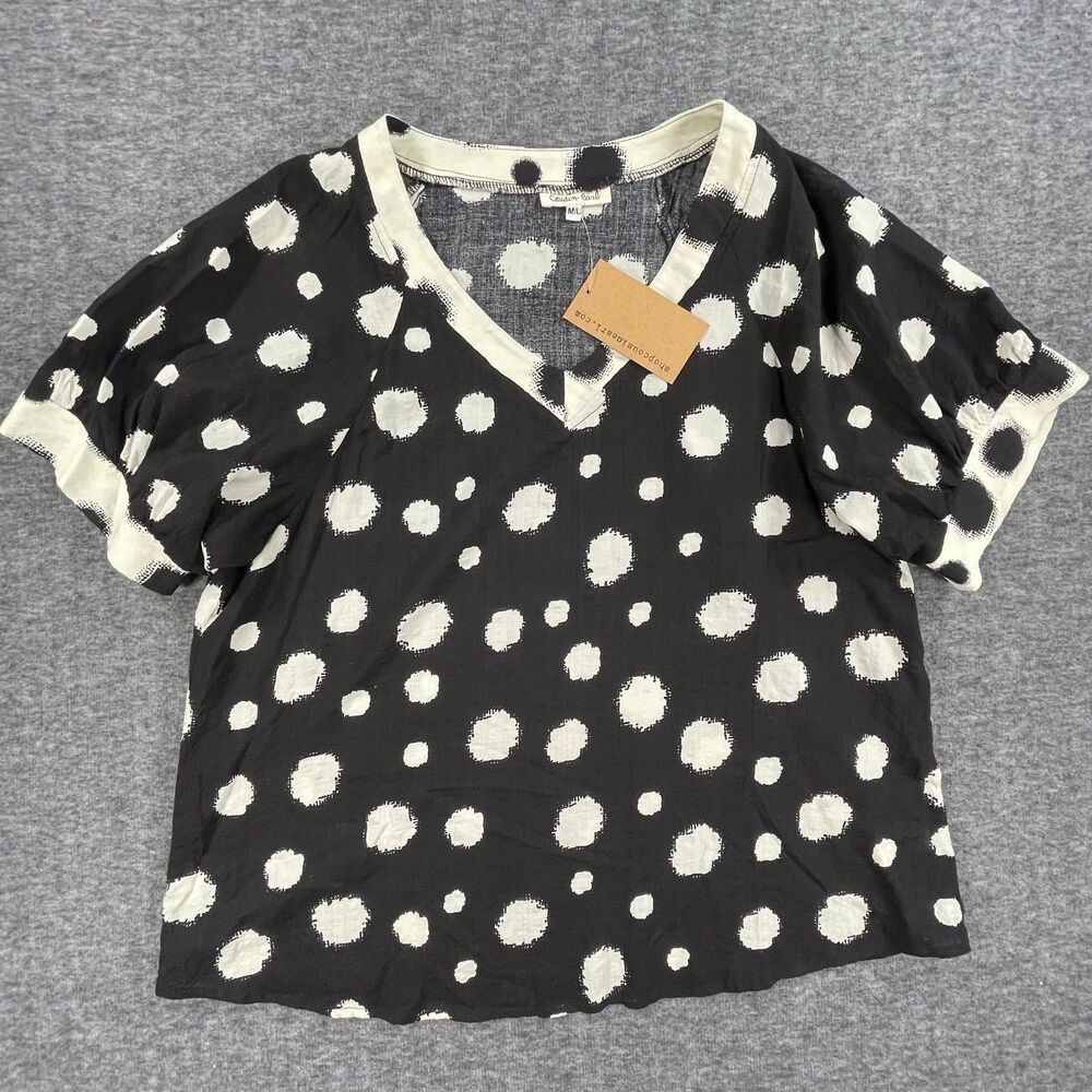 NWT Cousin Earl Polka Dot Contrast Blouse M/L Artsy Black Minimalist Boho Top - Picture 3 of 8